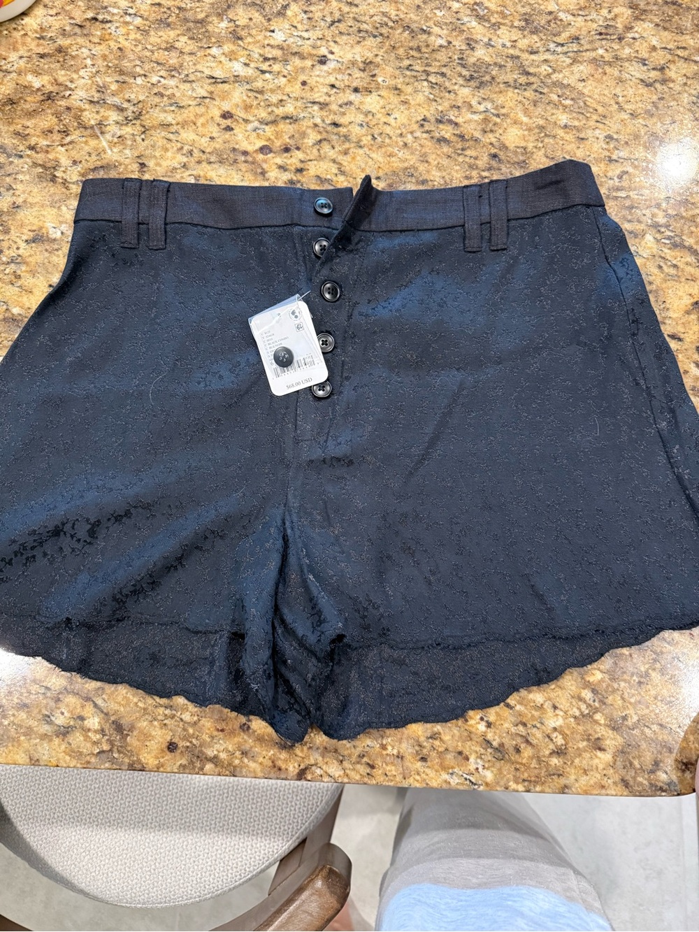 Free People Black High-Waist Scalloped Hem Button-Front Shorts